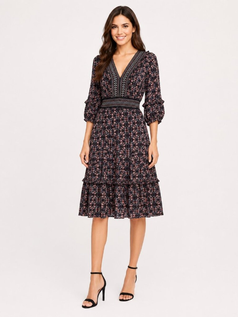 Max Studio Floral Vine V-Neck Smocked Waist Tiered Dress Women's Small NWT
